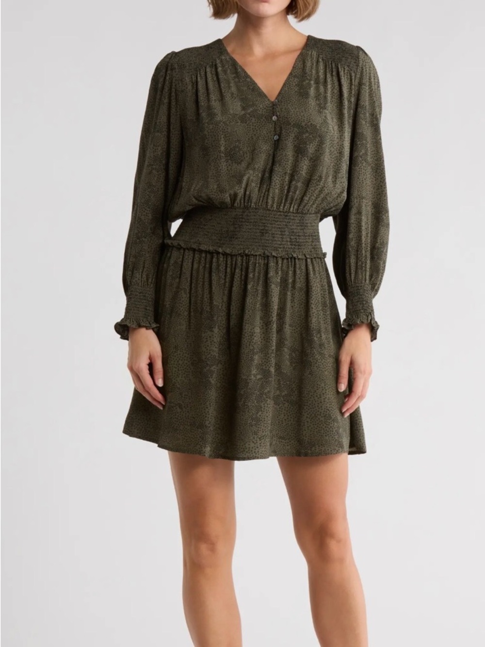 Rails Zana Dress: V-Neck Long Sleeve Mini Dress - Olive Green